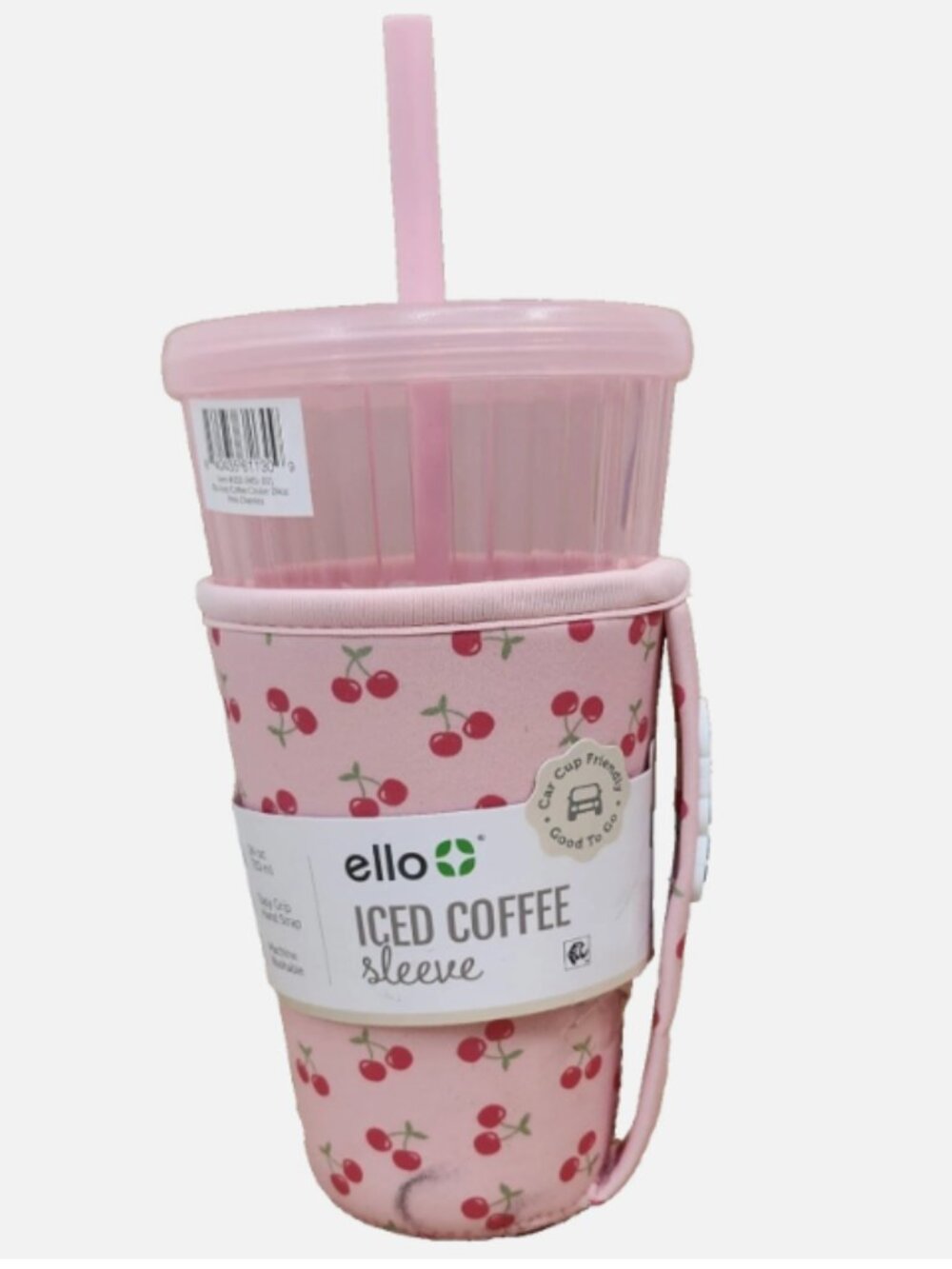 ELLO Iced Coffee Cooler 24oz Pink Cherries Insulated Sleeve Universal Fit Set